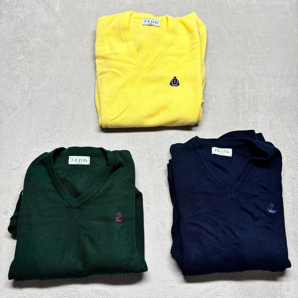 Lot of 3 Vintage Izod USA Sweaters Mens XL V-Neck Navy Green Yellow Logo Grandpa